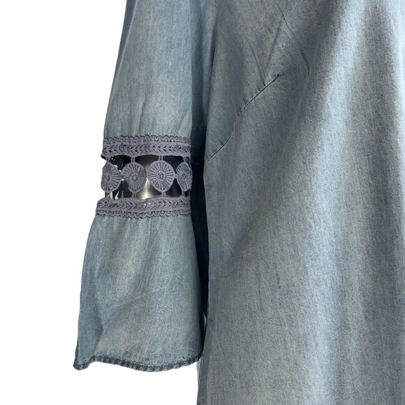 A.N.A Denim Ombre Shift Dress W/ Crochet Bell Sleeves Size 16 - Picture 8 of 8